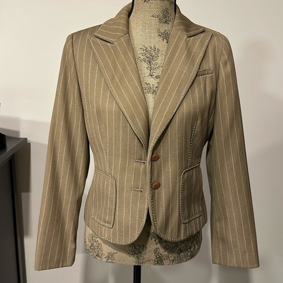Signature by Larry Levine tan pinstriped blazer jacket contrasting stitching 10P - Picture 2 of 8